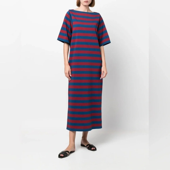 Tory Burch Logo-Belted Striped Midi-Dress Red Navy - Picture 2 of 10